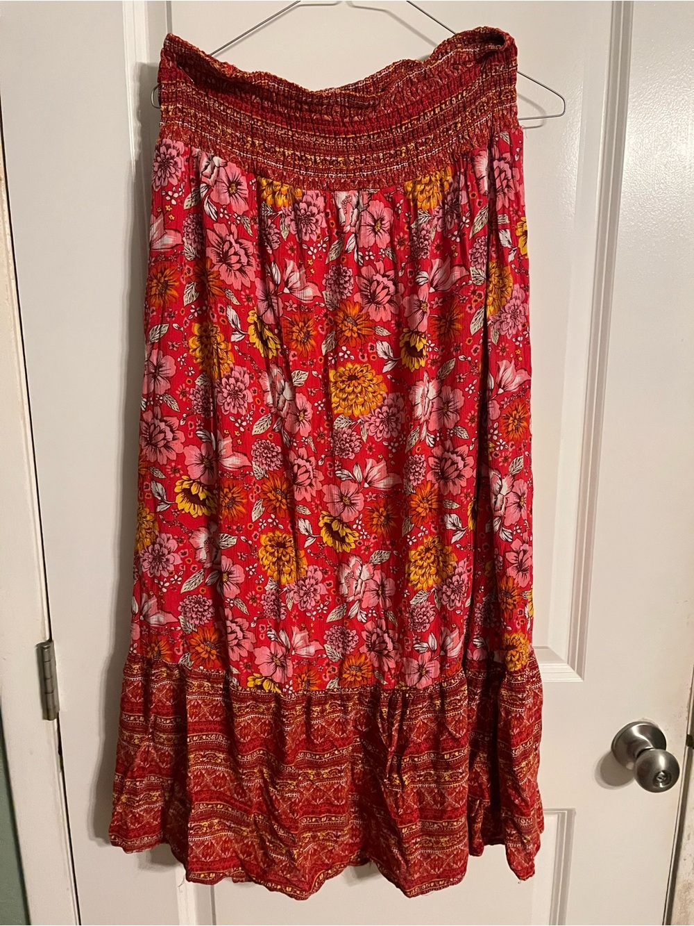 Boho Red Floral Maxi Skirt with Smocked Waist